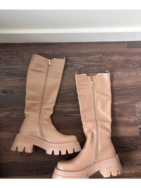 Chunky Knee-High Boots in Nude Beige - Women's Fashion Boots
